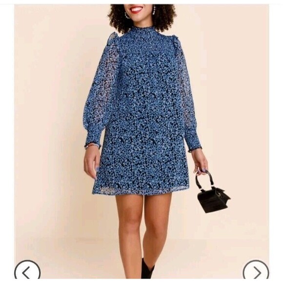 Mi Ami Francesca’s Black Blue Lucy Smocked Floral Ruffle Dress S NWT - Picture 13 of 14